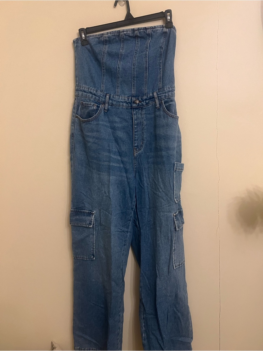 wild fable Strapless High-Waist Blue Denim Cargo Overalls